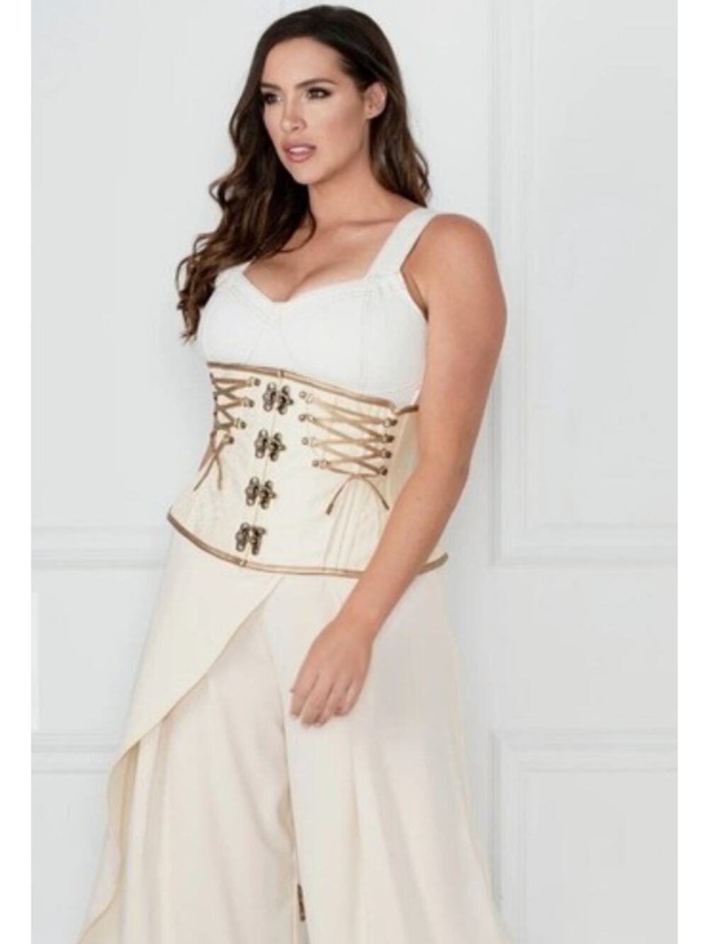CORSET STORY Under Bust Brocade Brass Hooks Steampunk Corset Ivory Cream 28 NWOT
